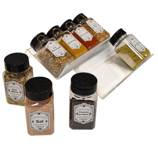 Kits Suportes Acrílico Transparente Tempero + Rótulo e Potes