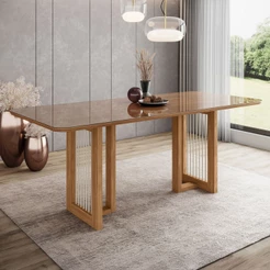 Mesa de Madeira Yara 200 Cm com Vidro Nature - Henn
