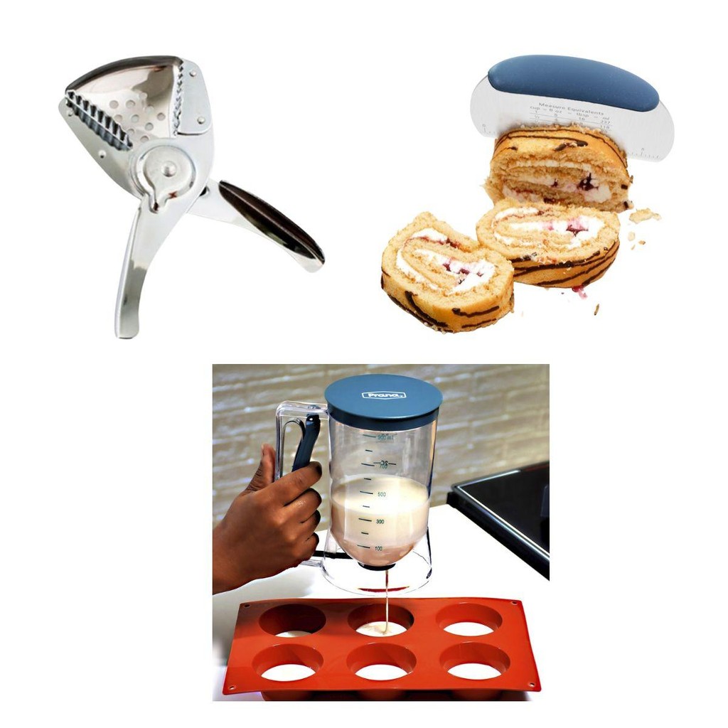 Kit Massa Dosador Panqueca Dispensador Espátula Raspadora Meia Lua Inox e Espremedor Cítricos De Fruta