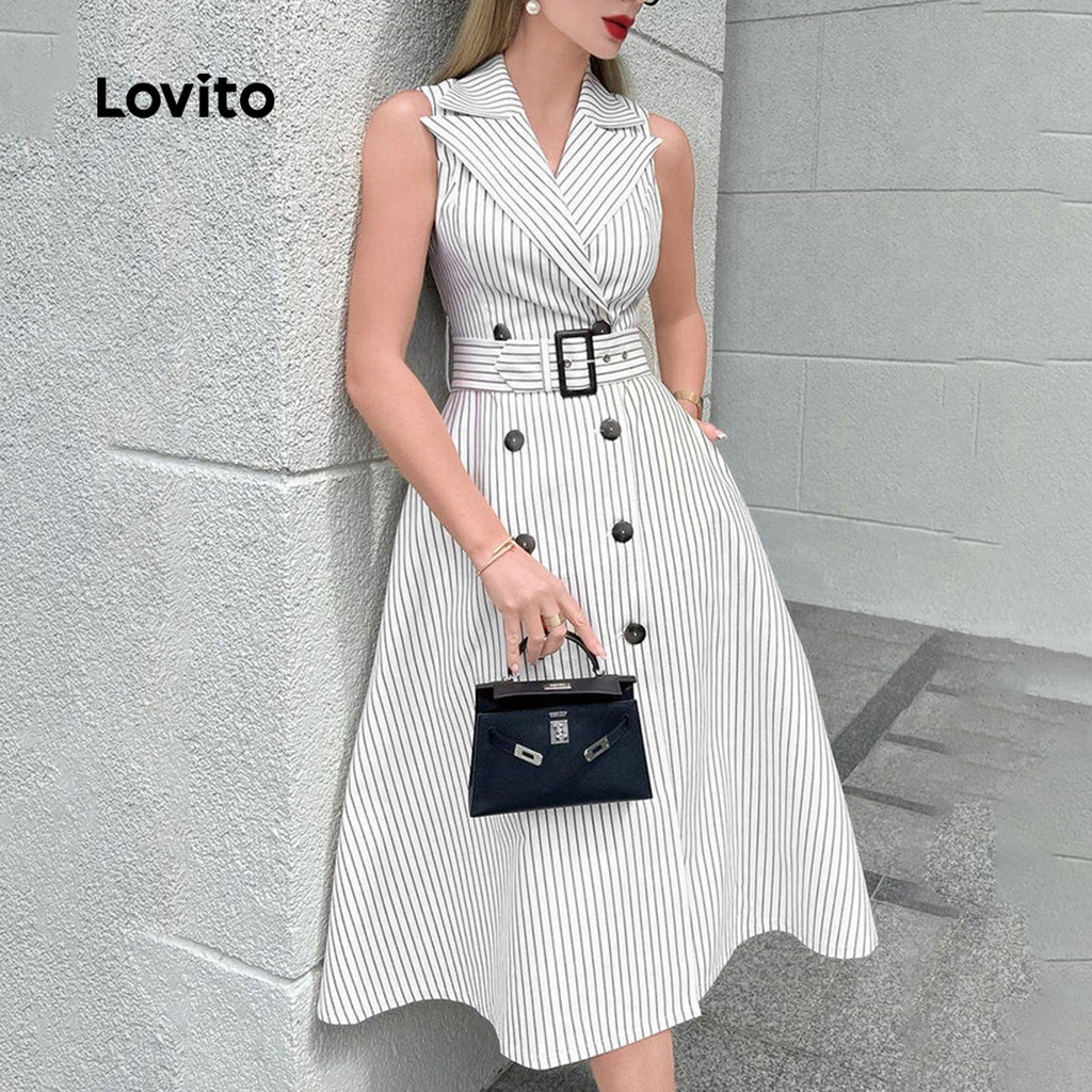 (Trendy) Lovito Vestido elegante listrado com cinto e botão duplo para mulheres L124AD507 - Women Clothes
