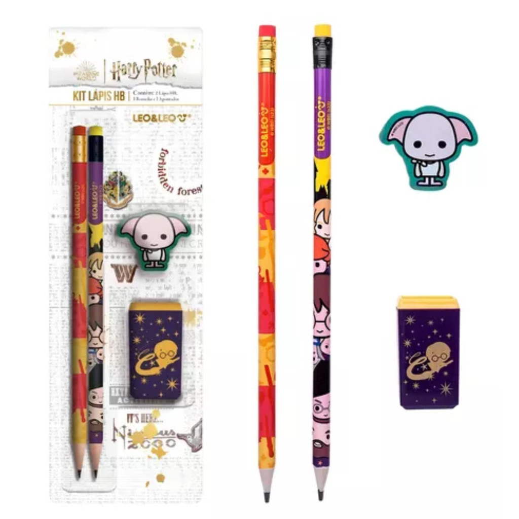 Kit Escolar Harry Potter 4 Peças Com Lápis e Borracha e Apontador Leo&leo