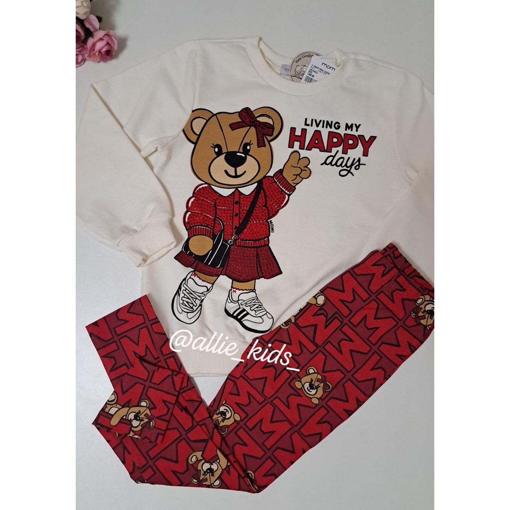 Conjunto Infantil  Casaco e Legging Vermelha Ursos Infantil Momi