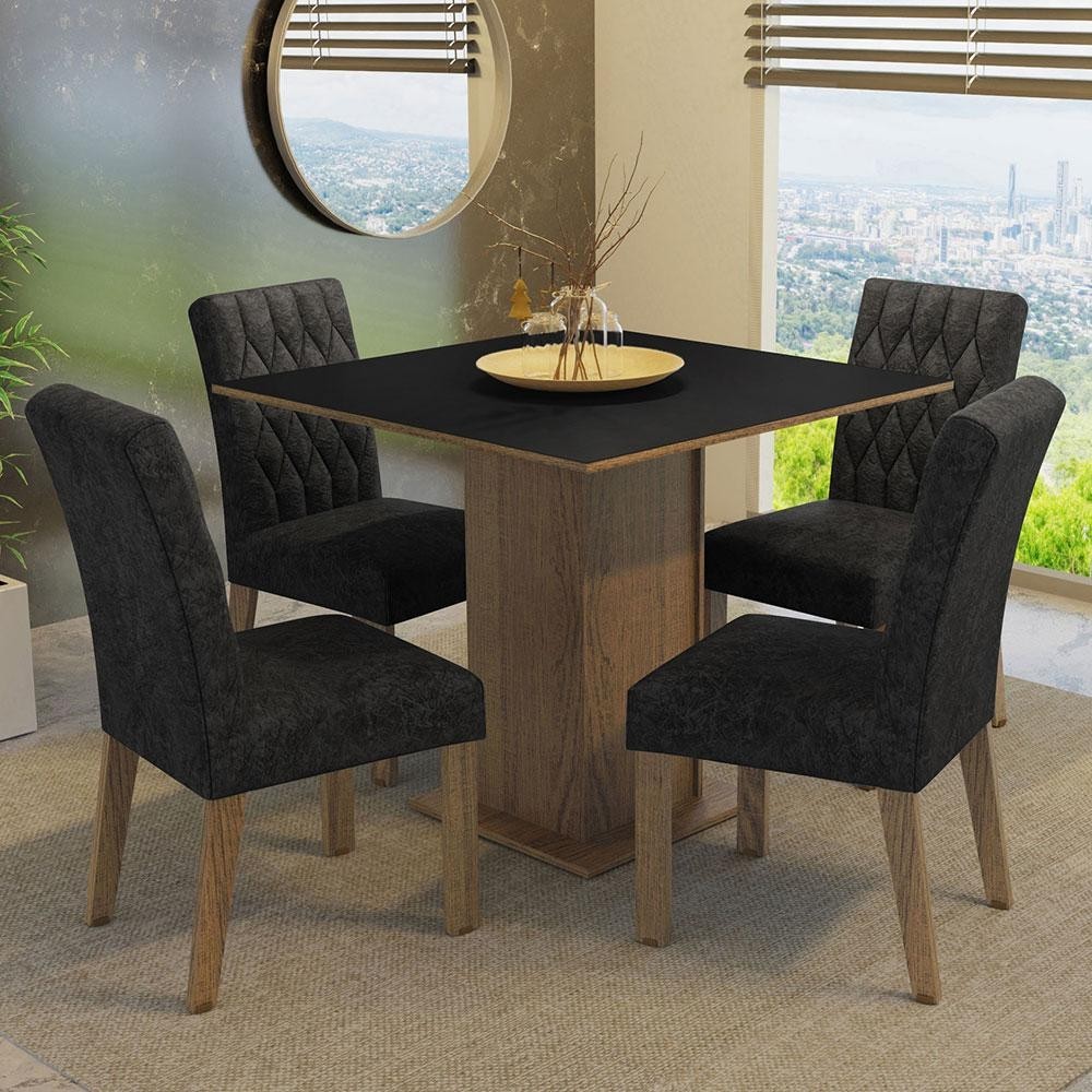 Conjunto Sala de Jantar Mesa Tampo de Madeira 4 Cadeiras Rustic/Preto/Oxford Livia Madesa - Home & Living
