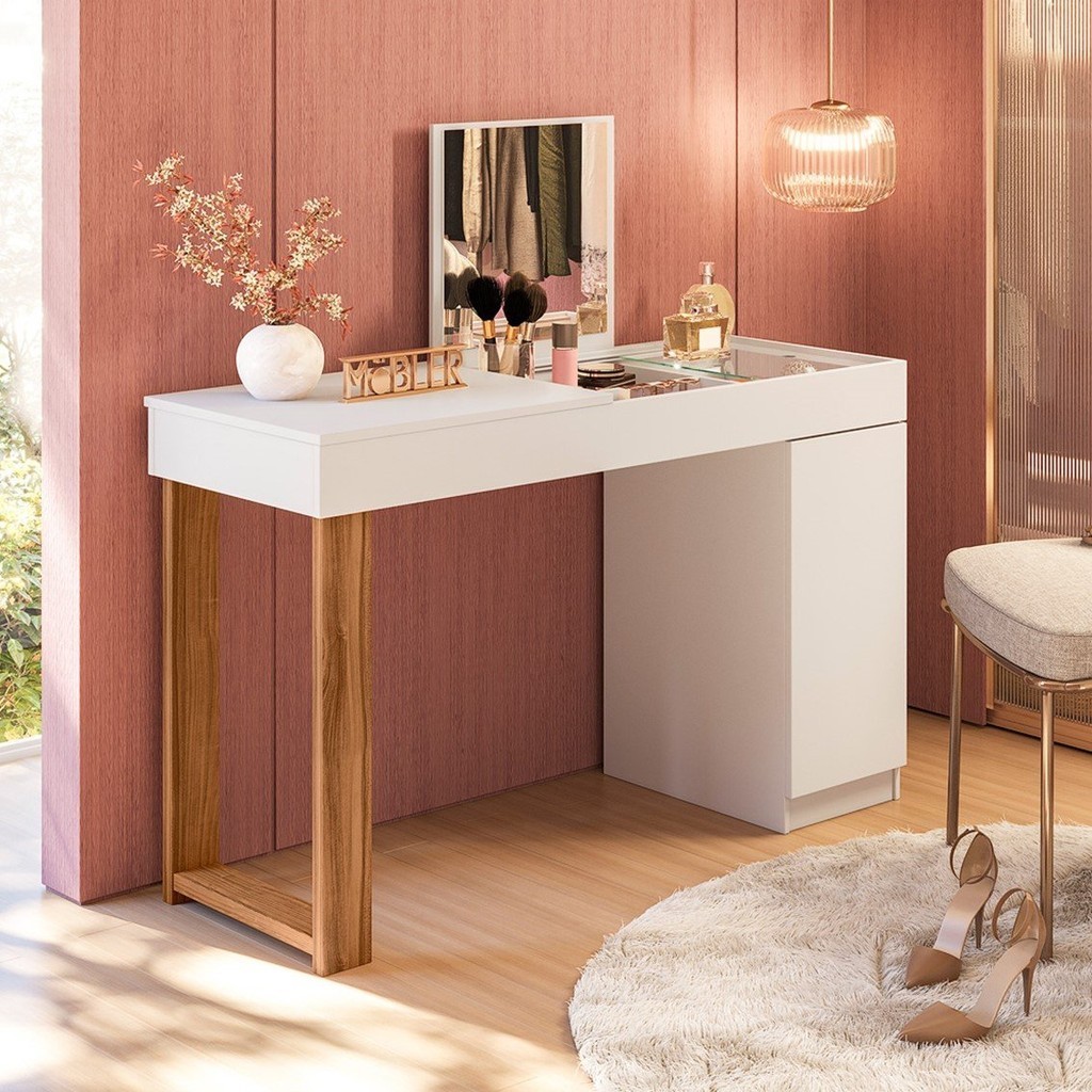 Escrivaninha Penteadeira 121cm com Espelho 1 Porta Love Branco/Cinamomo Mel - Home & Living