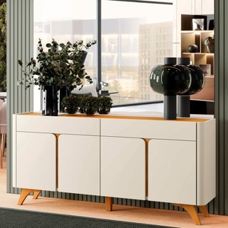 Buffet para Sala de Jantar 100% MDF 4 Portas 172cm Pés em Madeira Maciça Aros Off White/Naturalle em Oferta na Shopee