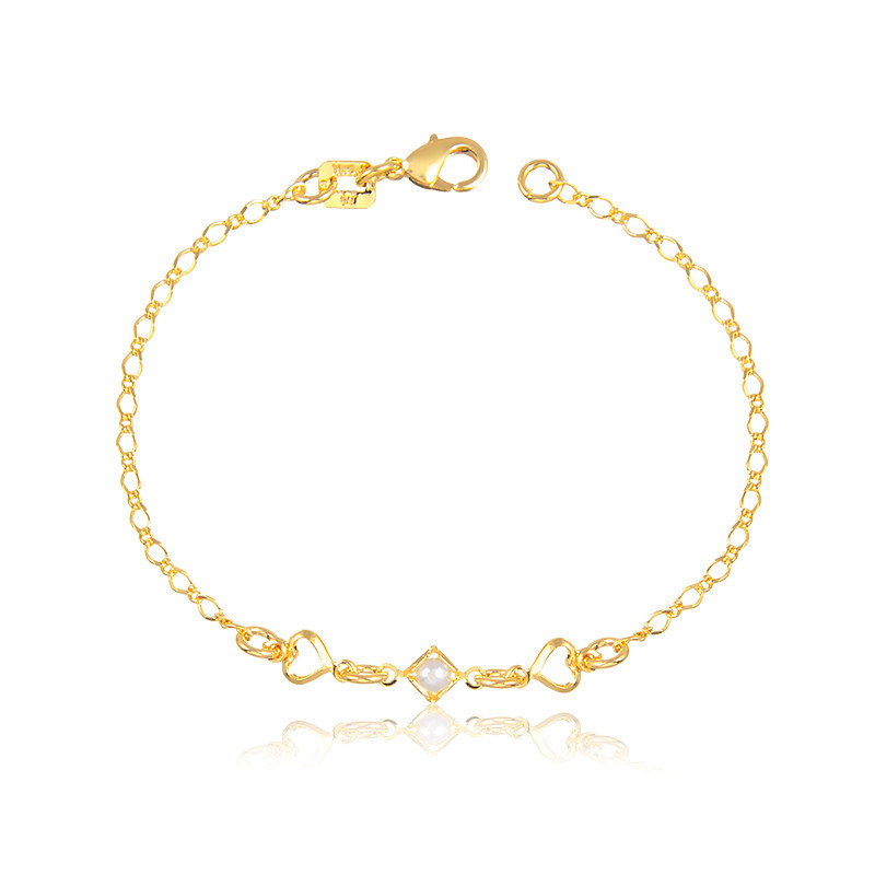 Pulseira Banho de Ouro 18K Infantil Elos Corações Vazados com Losango e Detalhe em Pérola (15cm + 3cm)