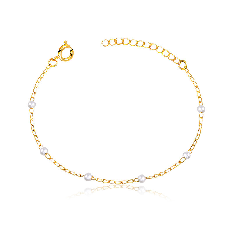 Pulseira Banho de Ouro 18k Infantil Elos 1x1 Detalhe em Pérolas (13cm)