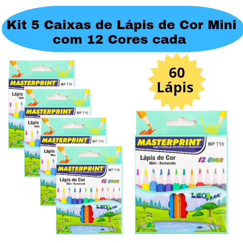 Kit 5 Caixas de Lápis de Cor Mini Caixa com 12 Cores cada Sextavado Escolar Masterprint em Oferta na Shopee