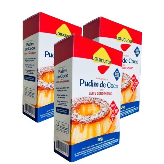Pudim de Coco Sabor Leite Condensado com Calda Pronta Zero Açúcar Lowçucar contendo 3 caixinhas de 135g cada