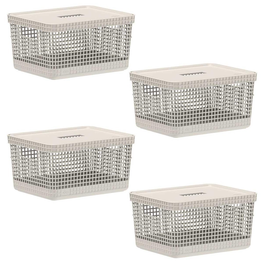 Kit 4 Cesto 8L Organizador Multiuso OU Grid Bege com Tampa em Oferta na Shopee