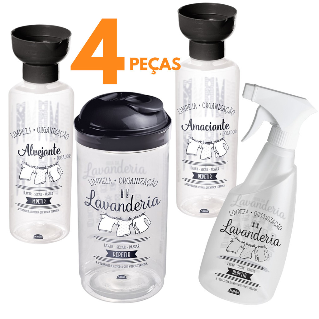 Kit Lavanderia Porta Sabão Em Pó Amaciante Alvejante e Borrifador