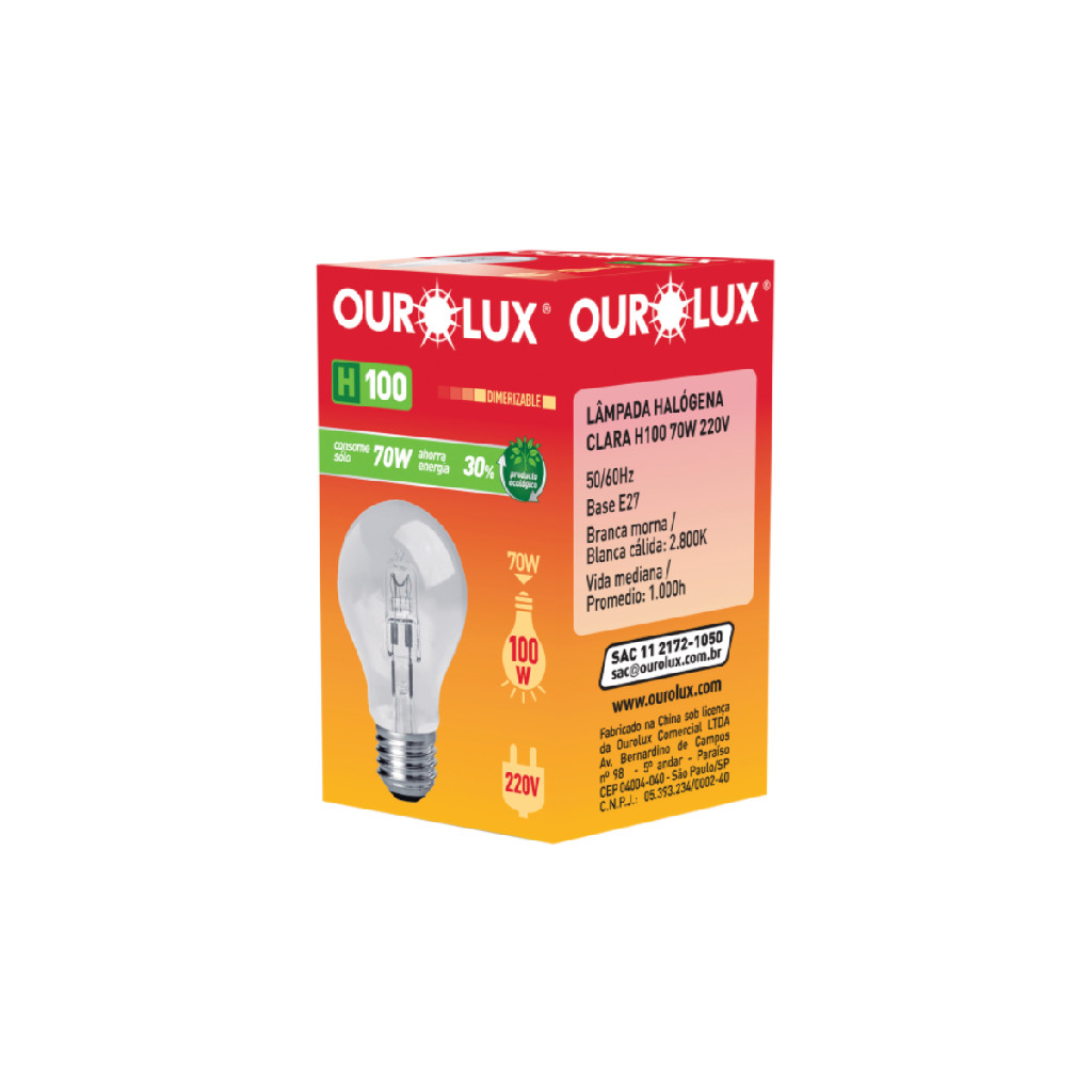 Lâmpada Bulbo Ecológica Halógena Clara 70W 220V OUROLUX - Home & Living