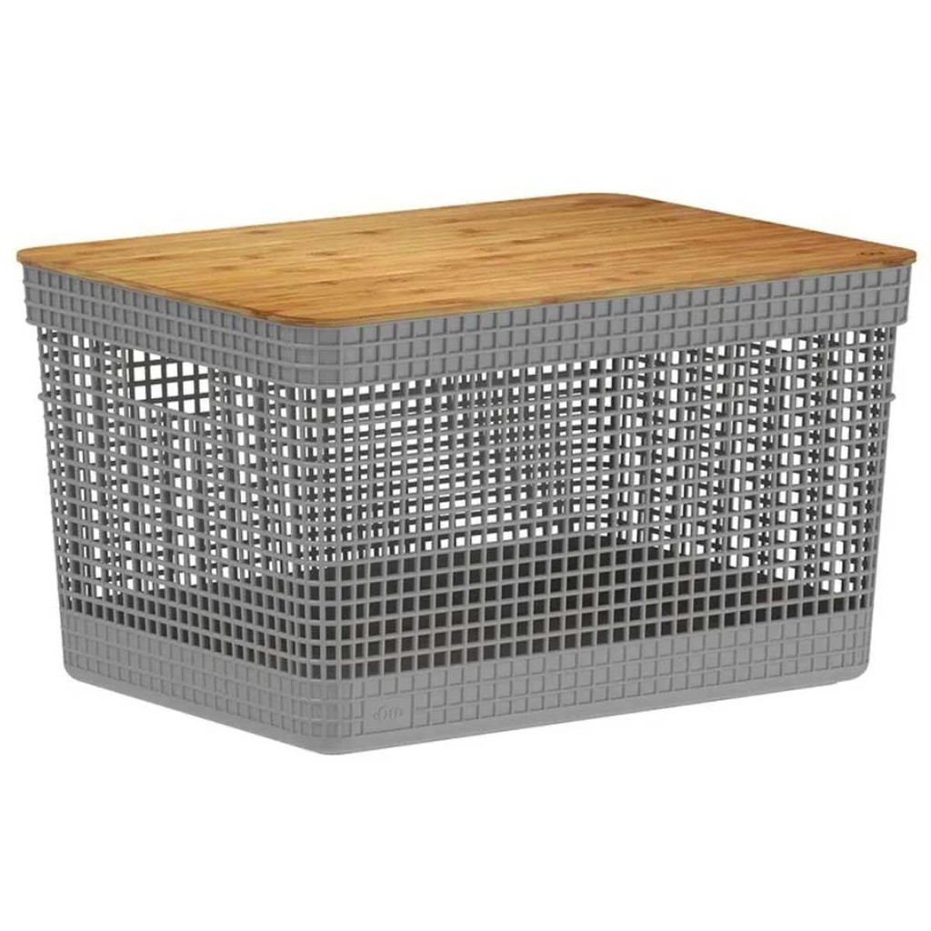 Cesto 20L Organizador OU Grid Cinza com Tampa de Bambu - Home & Living