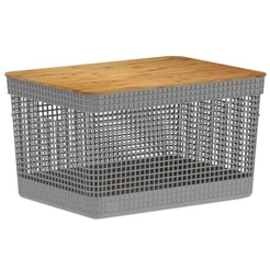 Cesto 20L Organizador OU Grid Cinza com Tampa de Bambu