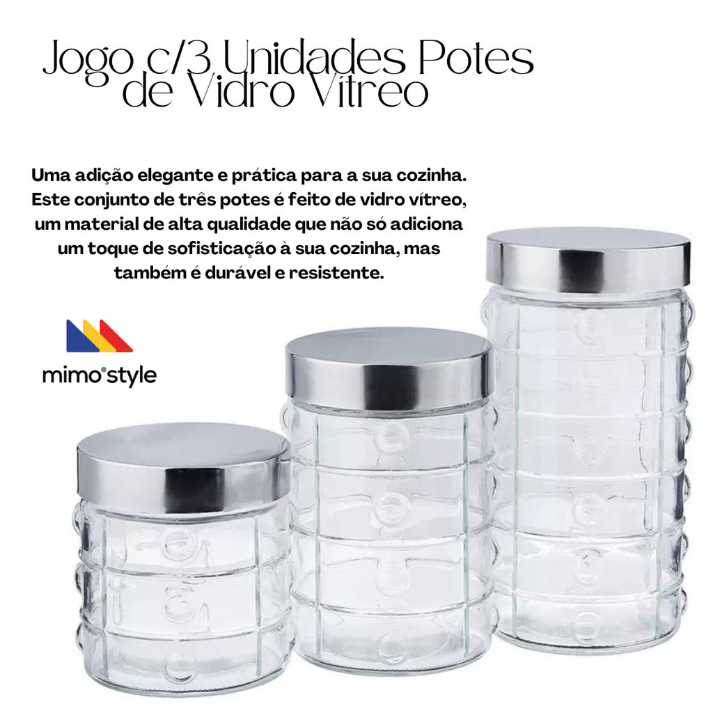 Jogo c/3 pcs Pote 1,5 Litros 1,1 Litros 700ml Vidro Vítreo Mimo Style — imagem 2 de 2