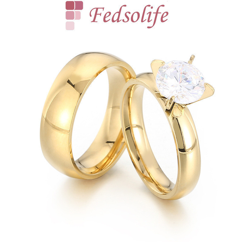 Fedsolife Anel de Casal Jóias de Diamante Anel de Par de Aço Inoxidável Anel Simples de Casamento Zircon Dia dos Namorados