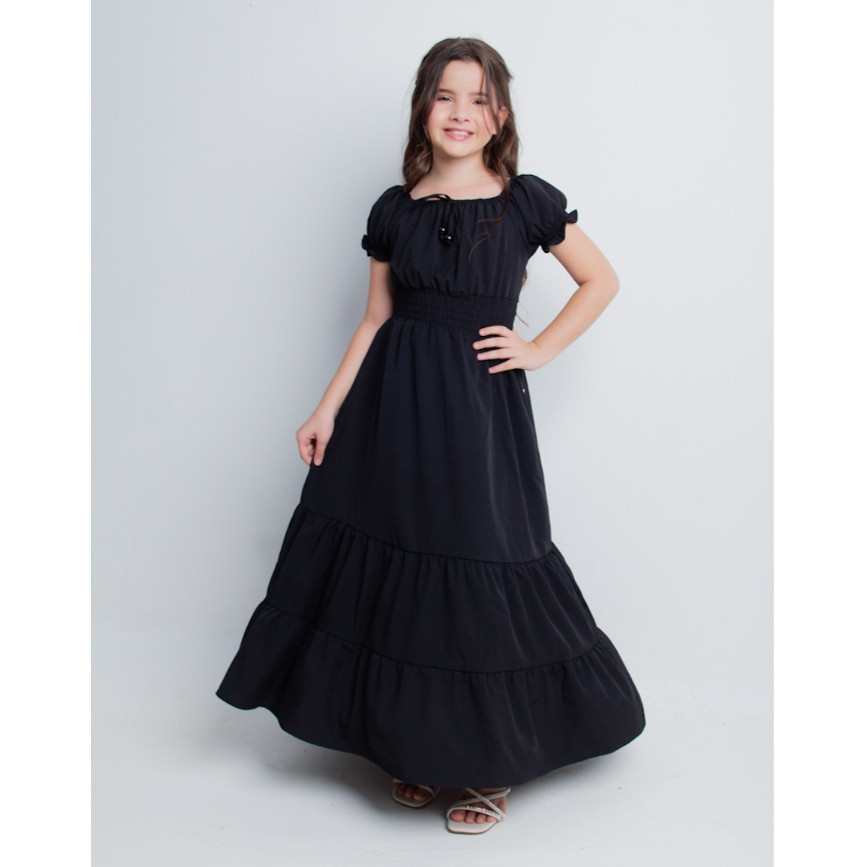 Vestido Longo Infanto Juvenil Preto Manga Tecido Elegante