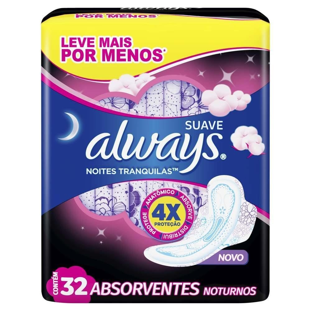 ALWAYS ABSORVENTE NOITES TRANQUILAS SUAVE COM ABAS DE 32 UNIDADES em Oferta na Shopee