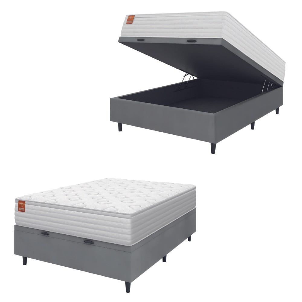 Cama Box Baú Colchão Casal Molas Ensacadas Real 138x188x68cm Branco / Cinza Inducol - Suporta até 130kg por Pessoa - Home & Living