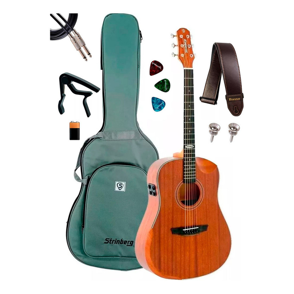 Kit Violão Strinberg Elétrico Folk Sd301hcr Efeitos Completo