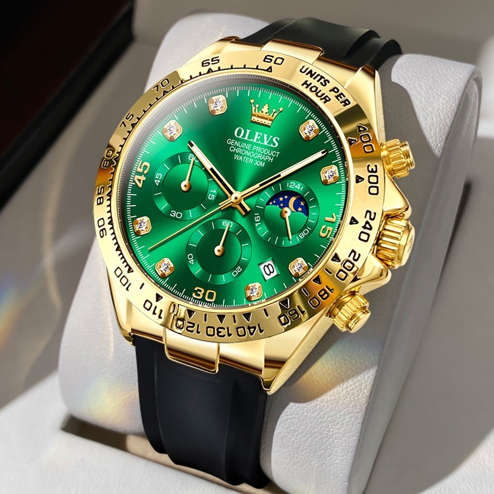 Relógio OLEVS 2875 Masculino À Prova D'água Borracha Esportiva Original Cronógrafo Luminoso De Luxo Ouro Preto Verde