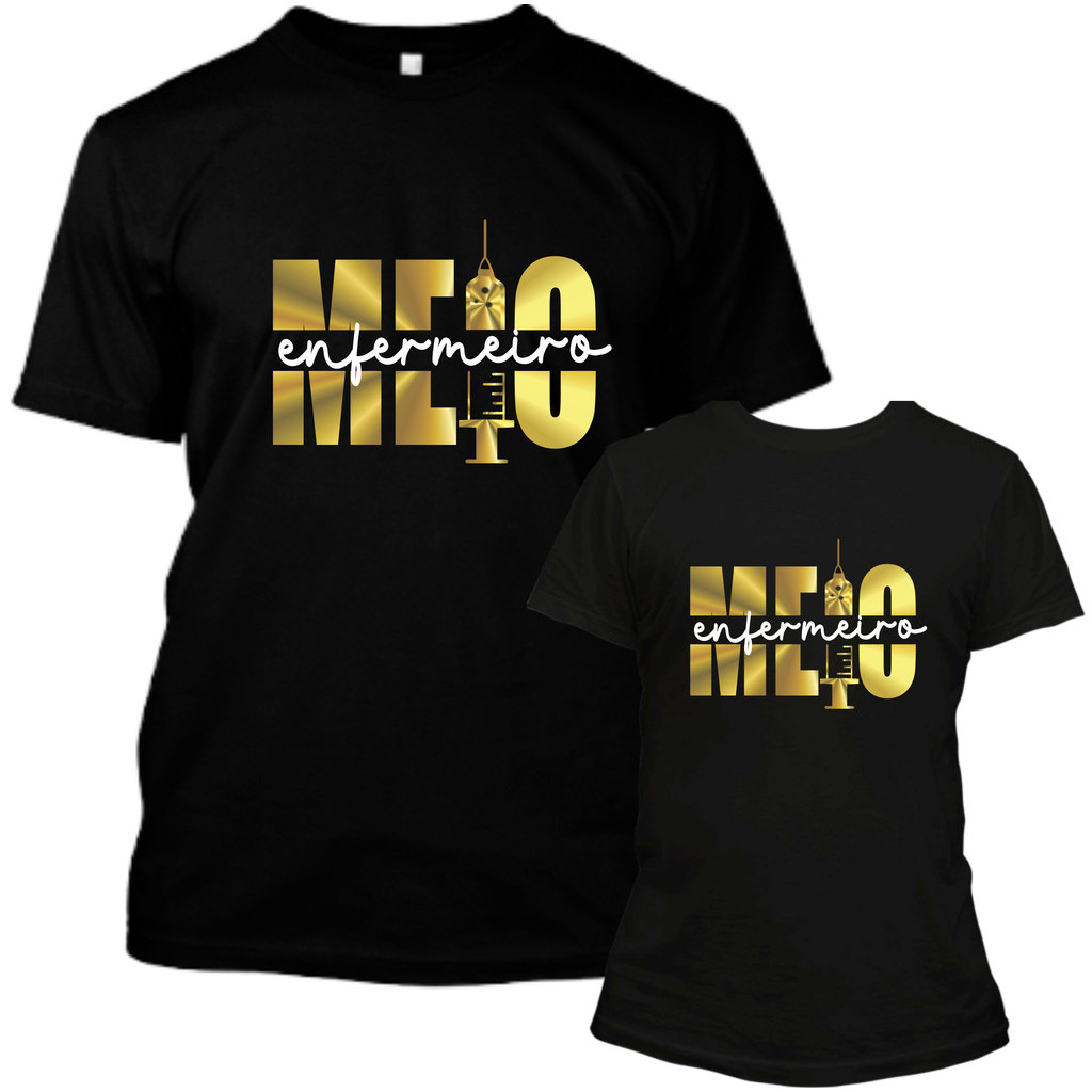 Camiseta "Meia ou Meio Enfermeiro?" em 100% algodão. Conforto e humor para quem vive a enfermagem com leveza e personali