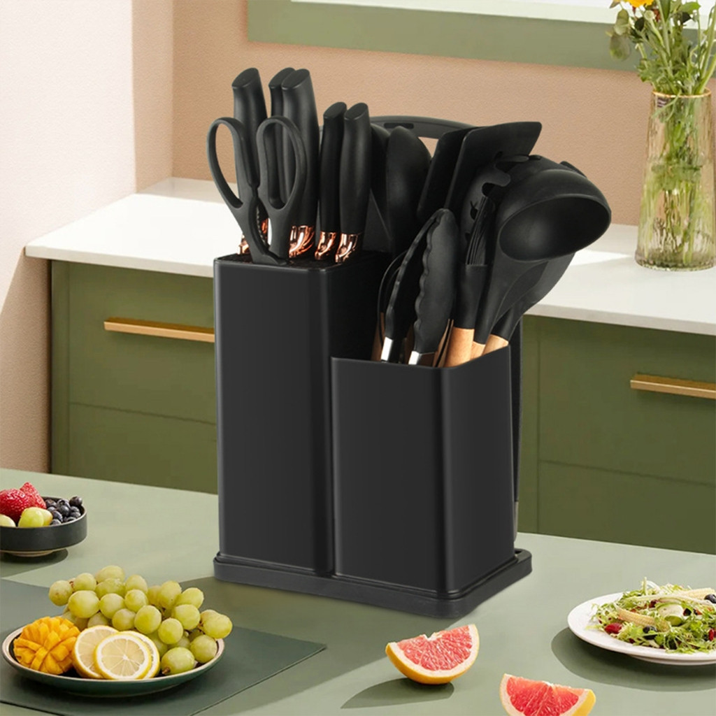 Kit Completo Jogo Utensílios de Cozinha Luxo 19 Peças Com Tábua em Silicone Espátula Faca Tesoura