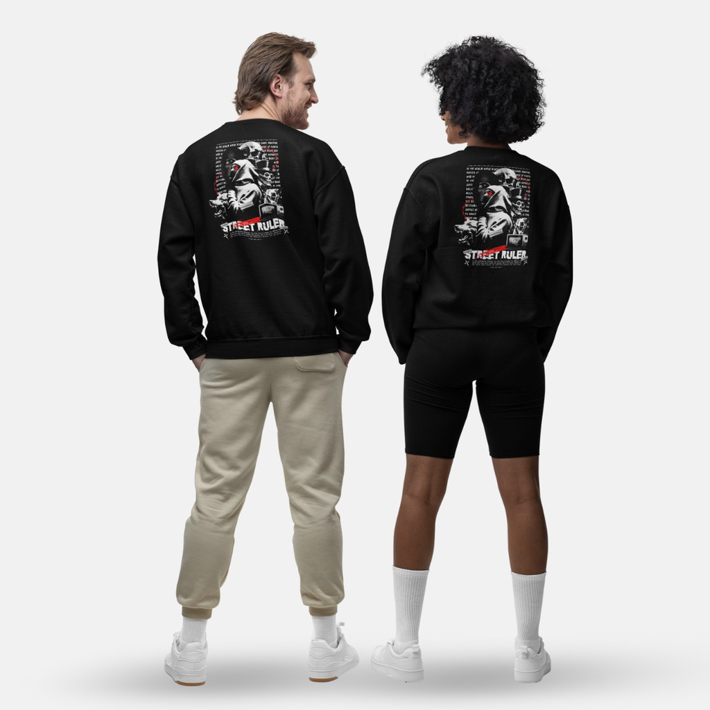 Moletom Preto Branco Estampado Unissex Masculino Feminino Gola Careca Street Ruler Algodão Flaneado Oversized Street Wear Confortável Inverno