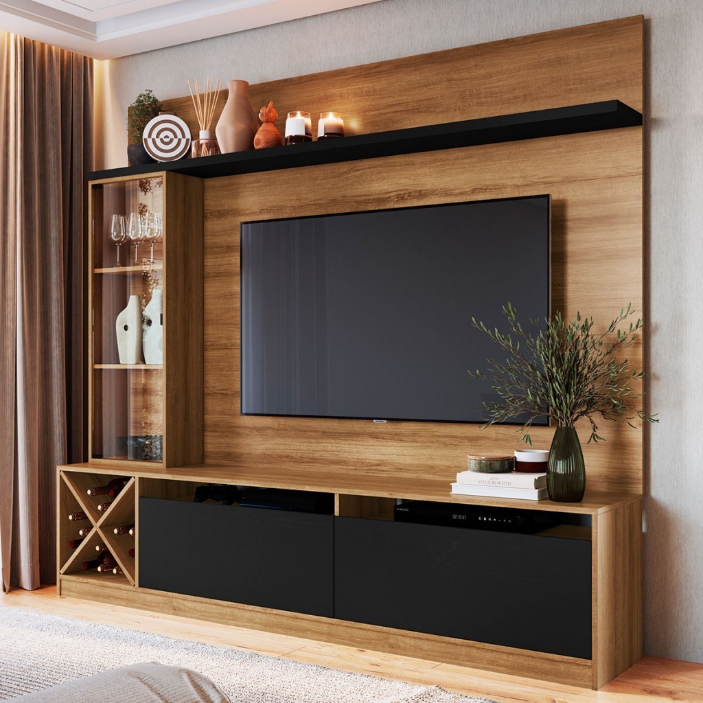 Rack com Painel para TV Até 50 Polegadas Coliseu 3 Portas Montana/Preto - Panorama Móveis em Oferta na Shopee