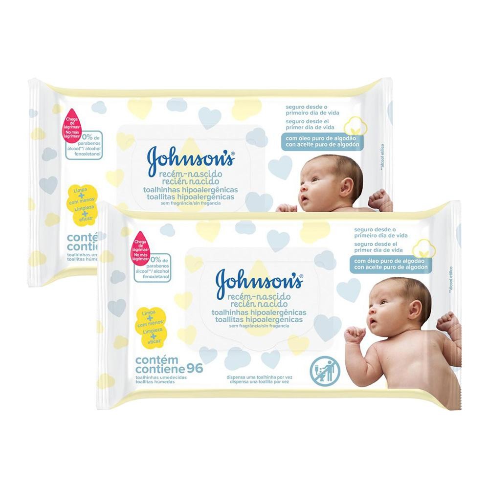 Kit com 2 Lenços Umedecidos Johnson's Baby Recém-Nascido Sem Fragrância com 96 unidades cada em Oferta na Shopee
