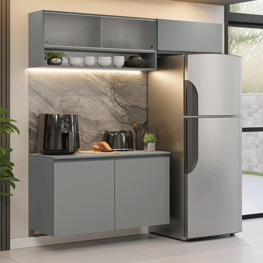 Armário de Cozinha Compacta Suspenso 200cm Cinza Nice Madesa XA07 em Oferta na Shopee