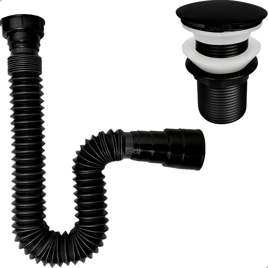 Kit Sifão De Pia Flexivel Preto E Válvula Click 1 1/4 Preta Inox Ralo De Pia Cuba Banheiro Lavatório