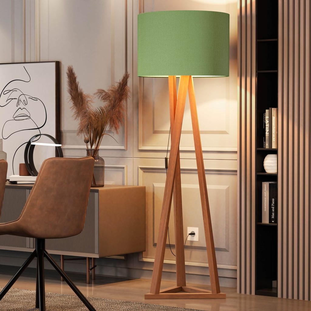 Luminária de Chão Tripé Madeira com Cúpula Verde Moderna para Sala Quarto Escritório Design Elegante