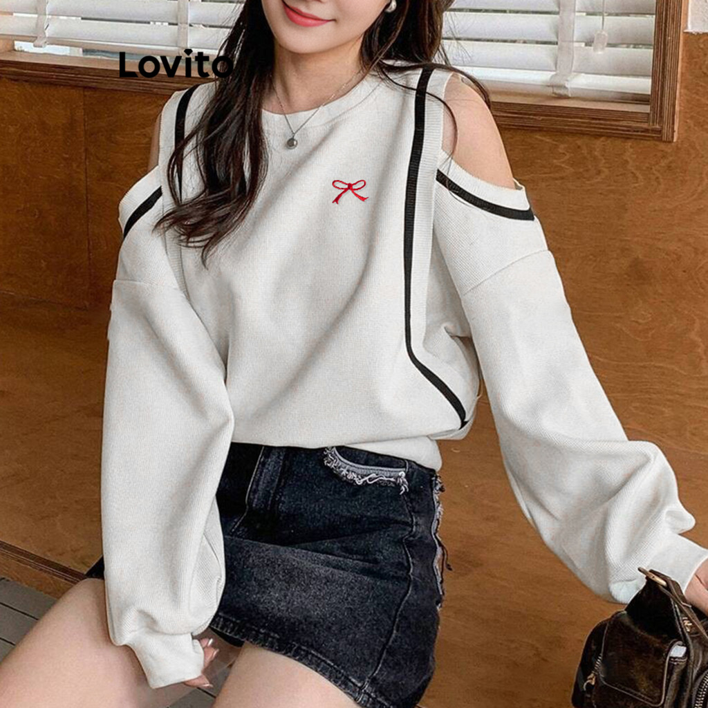 Lovito Moletom Casual Com Corte Liso E Bordado Para Mulheres L98AD206 - Women Clothes