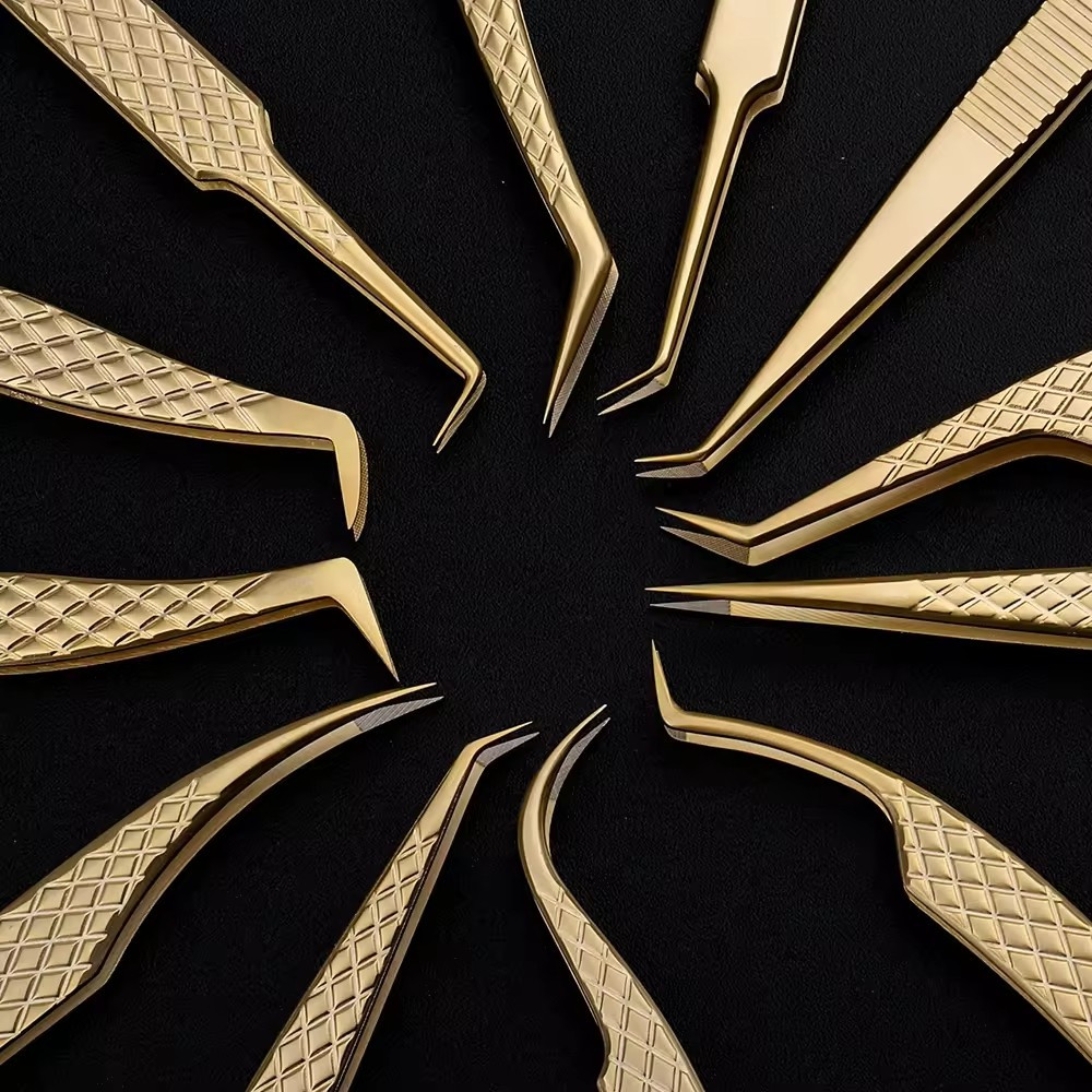 Pinça Precisão graus curvada Curva Para Alongamento kit Cílios Extensão Aço Dourado Cortador