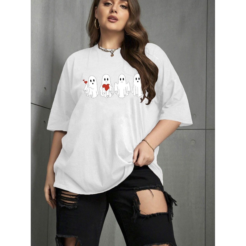 Camiseta Tumblr Fashion Oversized T Shirt Moderna Bordada Confortável Aesthetic Fantasma Coração