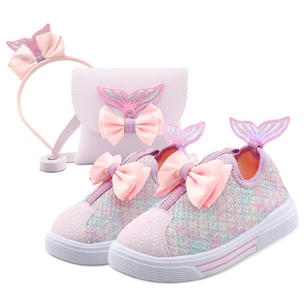 Kit Tênis Menina Sereia Infantil Calce Fácil Com Bolsa E Tiara Laço BB&Kids