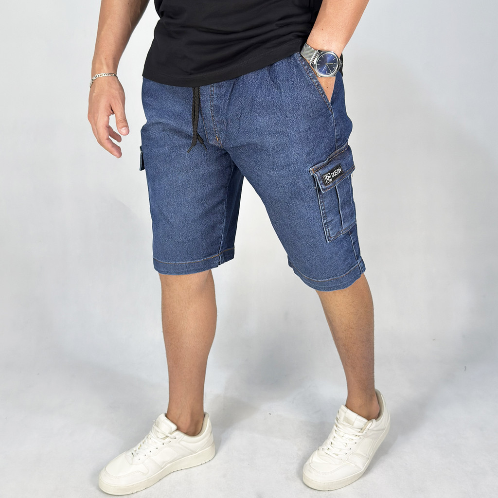 Bermuda Masculina Cargo Sarja Bolsos Premium Elastico Lycra Cordão Elastano Jeans Azul
