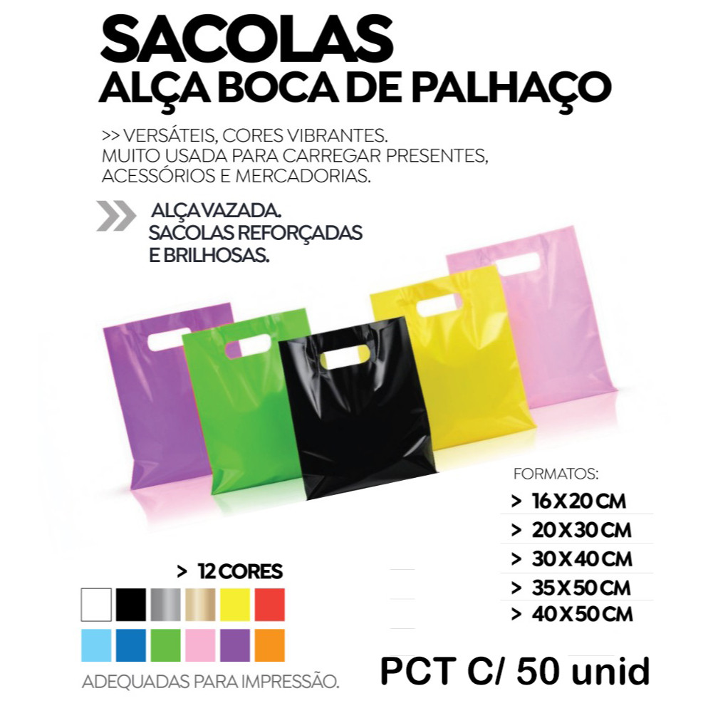 Sacola Boca de Palhaço Premium - Pacote C/ 50 Unidades - Diversas Cores e Medidas em Oferta na Shopee
