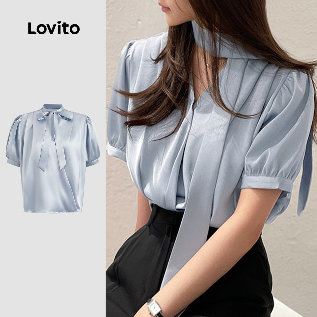 Lovito Blusa elegante com amarração frontal e amarração lisa para mulheres L125AD443 - Women Clothes