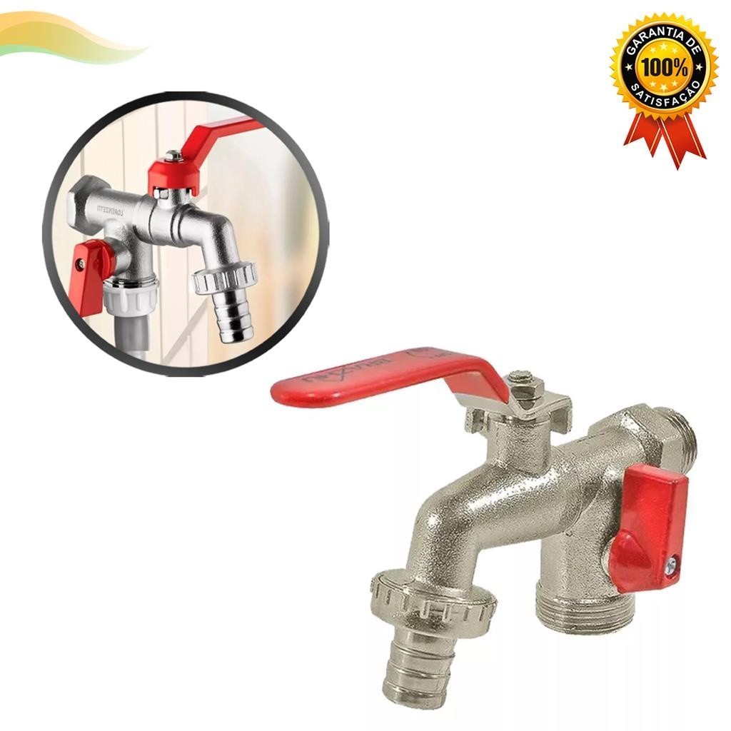 Torneira Esfera Duas Saidas Para Maquina Tanque Lavanderia Area De Servico 1/2 E 3/4 Metal Cromado Bico Removível