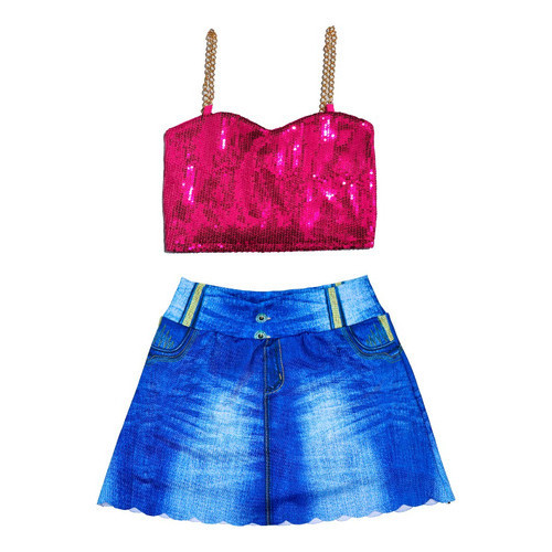 Conjunto Infantil De Menina Top Paetê Saia Short Imita Jeans