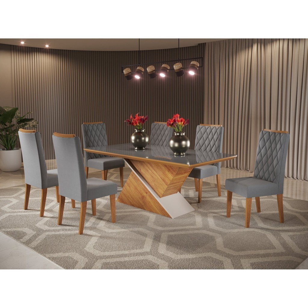 Conjunto Sala de Jantar Mesa Epic Tampo Vidro/MDF com 6 Cadeiras Iza  Mel/Cinza/Grafite - Home & Living