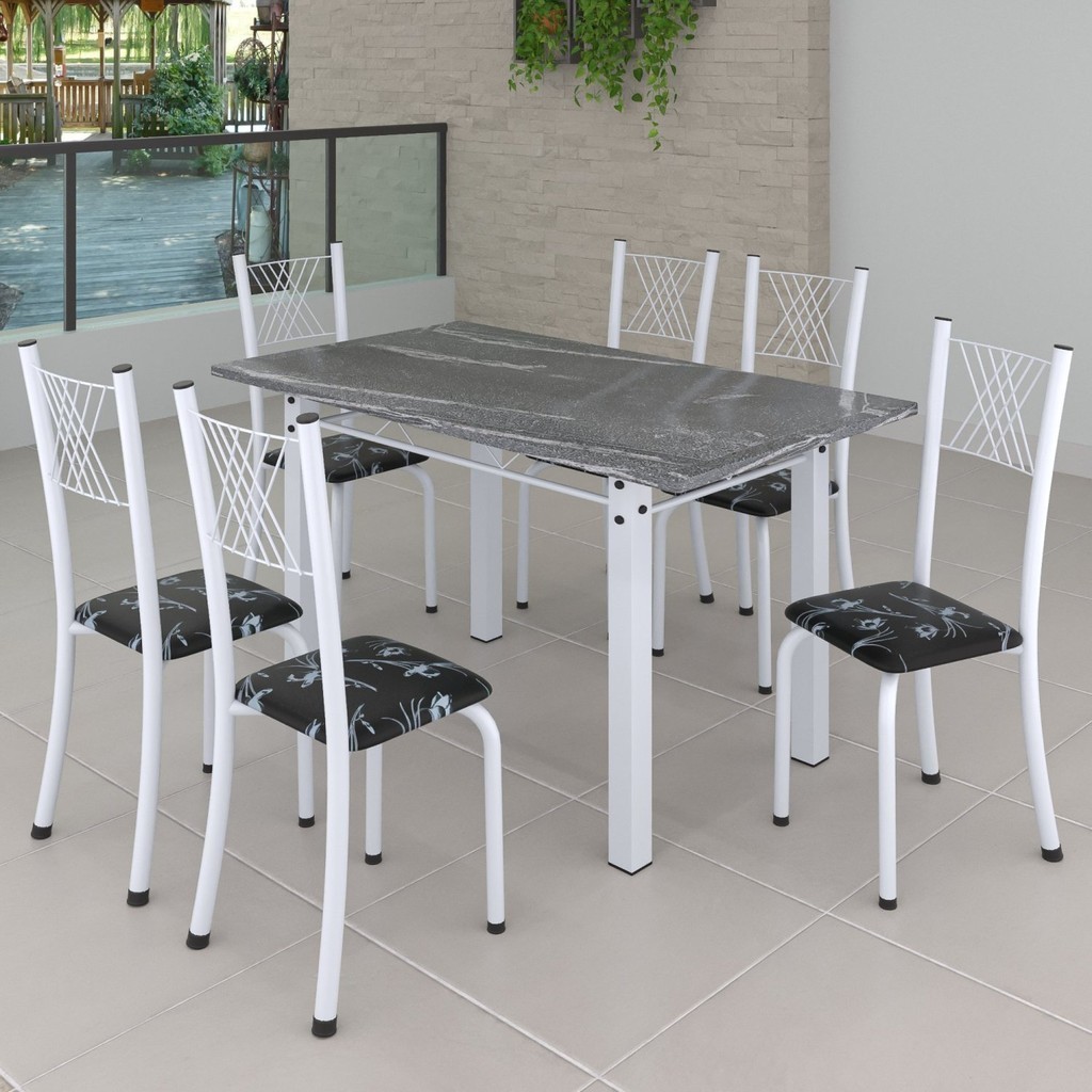 Conjunto de Jantar Mesa 140x75cm Tampo de Granito Topázio com 6 Cadeiras Sara Yescasa Branco/Preto Floral - Home & Living