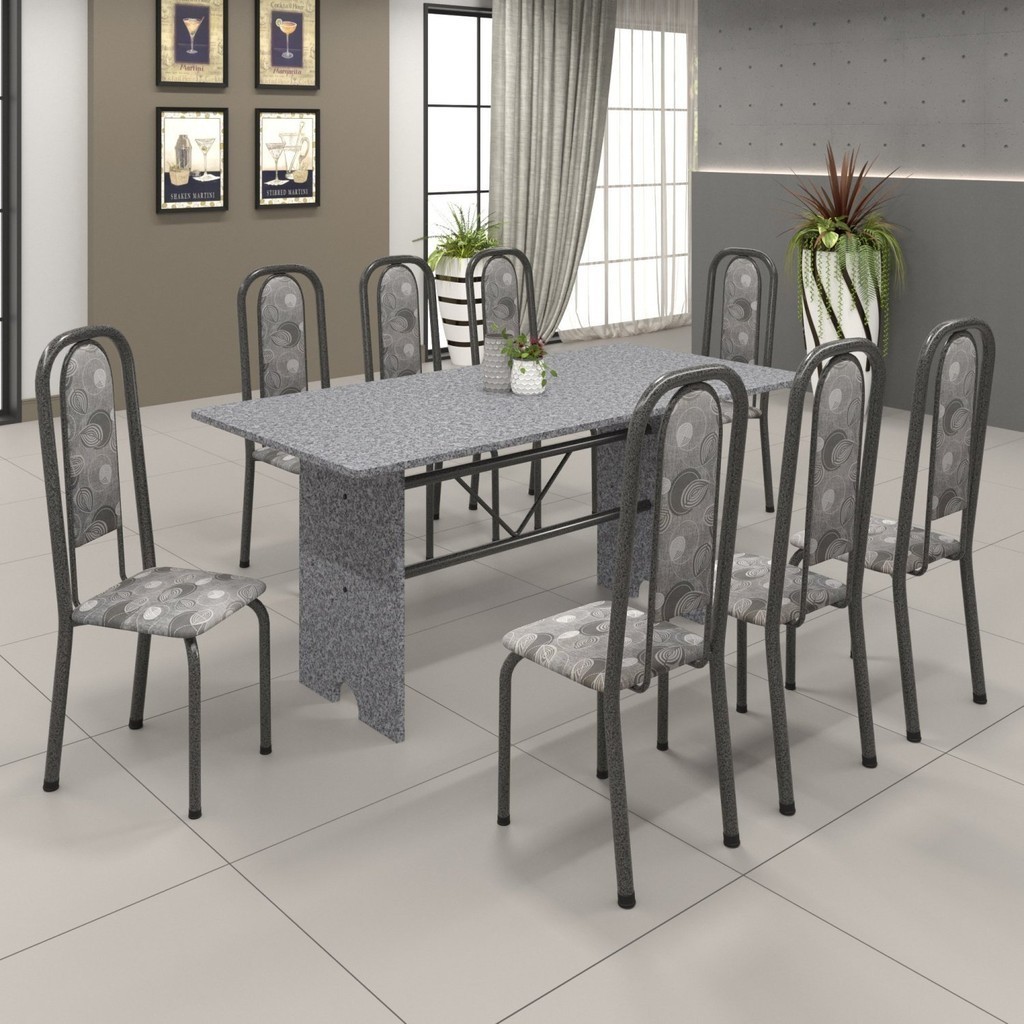 Conjunto de Mesa 180x75cm Tampo Granito com 8 Cadeiras Lavínea  Martelado Prata/Ocre/Paraopeba - Home & Living