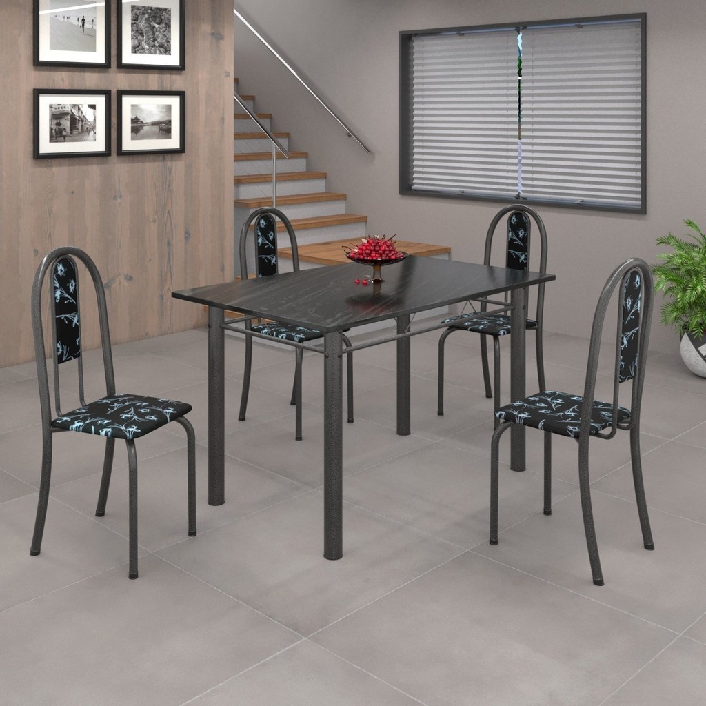 Conjunto de Mesa 120x75cm Tampo em Ardósia com 4 Cadeiras Iris a Cinza/Preto Floral/Martelado Prata/Indiano Preto