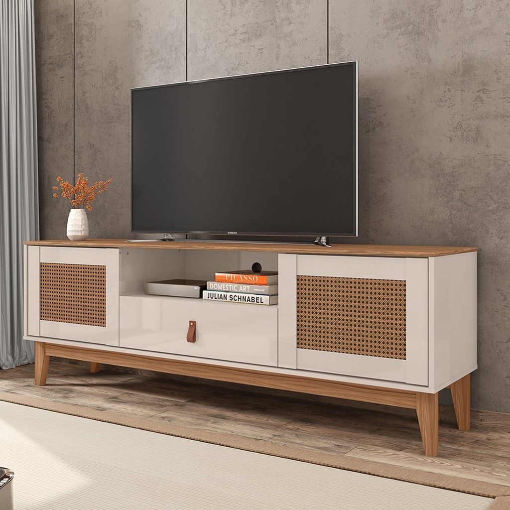 Rack para TV até 60 Polegadas Pés em Madeira Maciça 160cm Esmeralda Versátile Off White/Noce em Oferta na Shopee