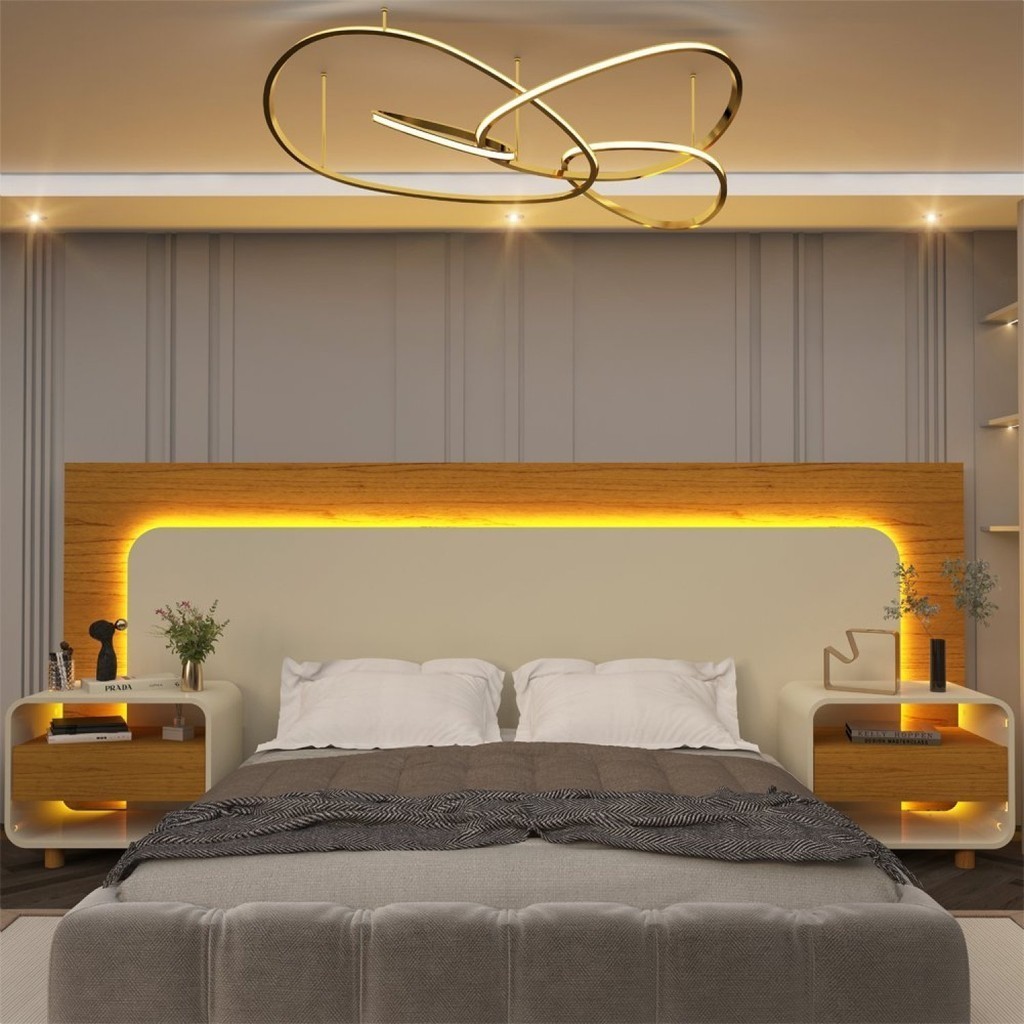 Cabeceira Box Casal com 2 Mesas de Cabeceira com Led Innova 100% MDF Off White/Nature