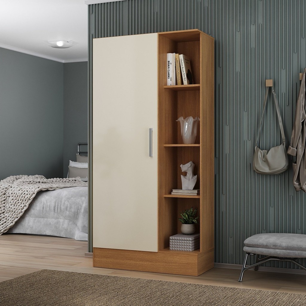 Armário Multiuso 1 Porta 7 Prateleiras Espresso Móveis Cinamomo/Off White - Home & Living