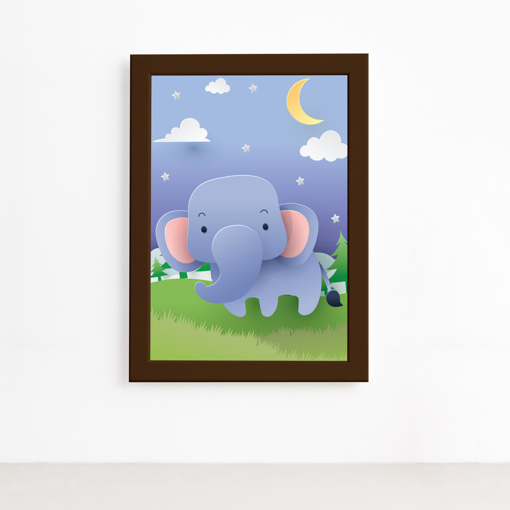 Quadro Infantil Safari Feliz Elefante no Campo Marrom 22x32